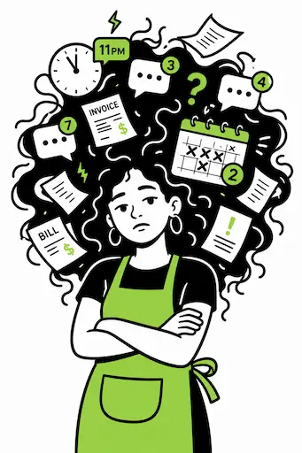 Stressed entrepreneur overwhelmed by invoices, messages and deadlines
